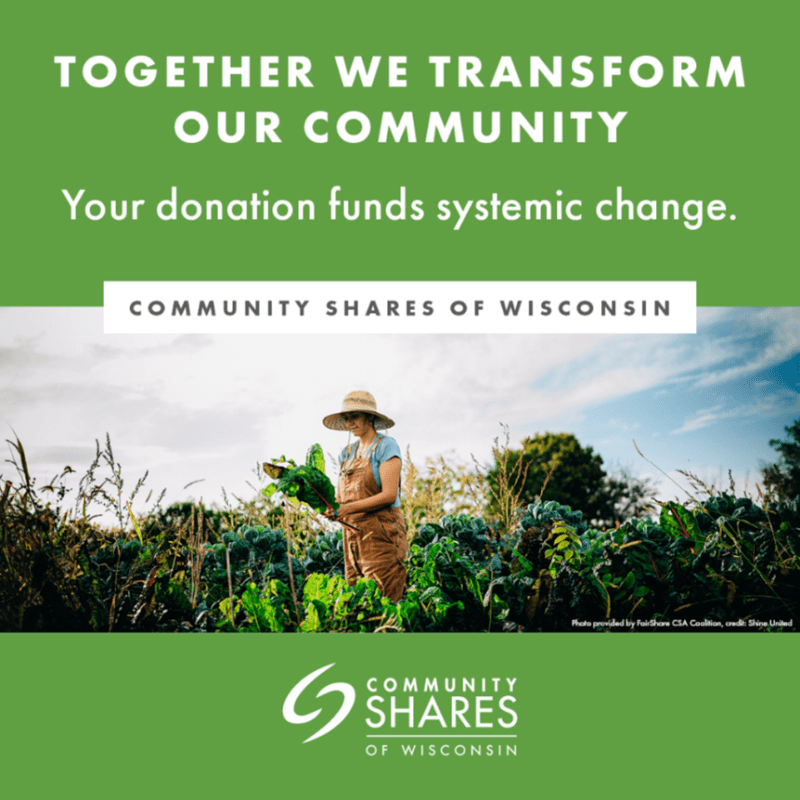 A farmer wearing overalls and a straw hat picking chard, with the text Together we transform our community, Your donation funds systemic change, and the Community Shares logo.