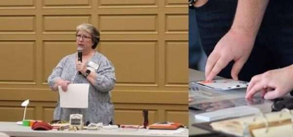 A split photo with Amy Wurf giving a presentation on the left and hands examining bump dots on the right.