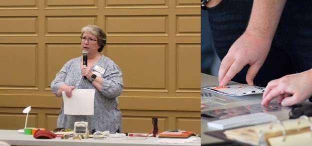 A split photo with Amy Wurf giving a presentation on the left and hands examining bump dots on the right.