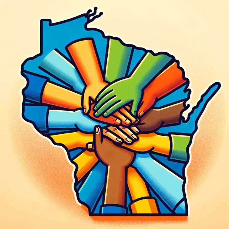 Hands on top of each other over an outline of Wisconsin.