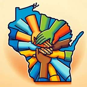 Hands of various colors on top of each other over an outline of Wisconsin.