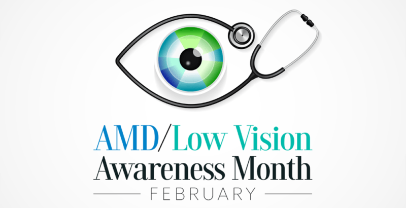 Graphic showing an eye with a stethoscope forming the outline and the words AMD/Low Vision Awareness Month February