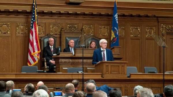 Gov. Tony Evers delivering his Budget Address in the Assembly Chamber.