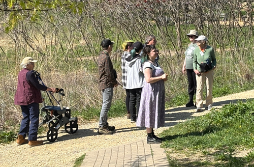Eight birders standing on a path listening to bird sounds.