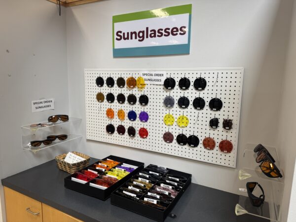 The sunglasses display in the Sharper Vision Store