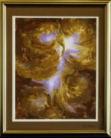 A majestic swirl of golds in the broad shape of a phoenix bird, with purple and white in the background.