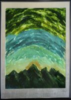 A sunrise over mountains; the mountains are dark green, sun golden and sky a three-stripe of light green, teal and dark green.