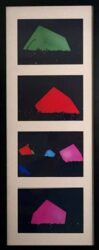 Four individual photos of glowing red, blue, pink and green cubes sitting at various angles in the night.
