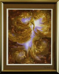 A majestic swirl of golds in the broad shape of a phoenix bird, with purple and white in the background.