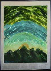 A sunrise over mountains; the mountains are dark green, sun golden and sky a three-stripe of light green, teal and dark green.