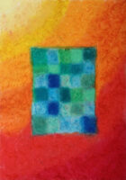 A blue and green checkered pattern in the center with a red to light yellow ombre around it.