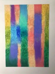 Oil pastel painting of textured, uneven, contrasting vertical stripes of shifting blues, purples, green and pinks