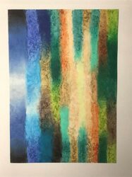 Oil pastel painting of textured, uneven, contrasting vertical stripes of shifting colors of green, blue and brown.