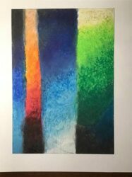 Oil pastel painting of textured, uneven, contrasting four vertical stripes of shifting colors of blue, green and orange.