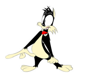 Cartoon drawing of a black and white cat with startled, wide-open eyes and a protruding tongue