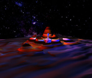 Digital rendering of an interstellar object on an undulating planetary surface against the backdrop of a starry sky