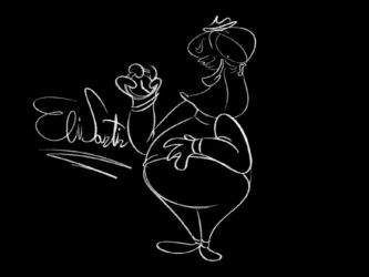 White line on black background cartoon drawing of a round man looking unhappily at his pocket watch