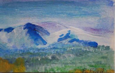 Acrylic painting on art paper of snow-capped blue and purple mountains with a blue sky above.