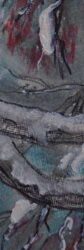 A vertical acrylic painting on art paper suggesting fallen snow collecting on tree branches.