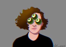 A cartoon of a girl with three-eyed glasses, brown hair and a black shirt.