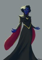 An animated woman with a black dress with flowing ruby-lined sleeves, blue skin and black hair.