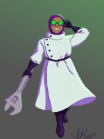 A smiling woman in a white lab coat, black belt and buttons holding a wrench in one hand and goggles onto her head with the other hand.
