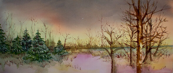 Watercolor landscape painting. A cluster of evergreen trees and barren trees with a single point of light in a gray sky