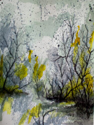 Tree branches with patchy gold indistinct leaves and a mottled purple sky