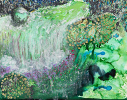 Two trees with golden leaves in an abstract nature scene with pink and red flowers and swirls of green and white color.