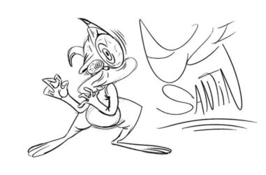 Cartoon style digital pencil drawing of a creature with wild, bulging eyes