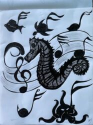Drawing of a seahorse on a music staff amid musical symbols morphing into sea animals and plants