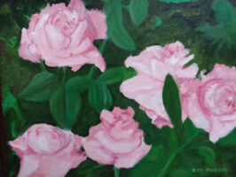Five light-pink roses with their green leaves.