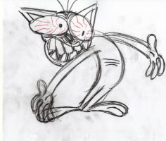 Hand-drawn cartoon cat with giant bloodshot eyes.
