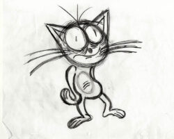 Hand-drawn cat with whiskers stands with his belly paunched out.