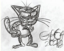 Hand-drawn cat stands with hands on hips and bloodshot eyes.